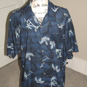 Vintage Quicksilver Tropical Palm Tree Blue and Black Hawaiian Camp Shirt Large